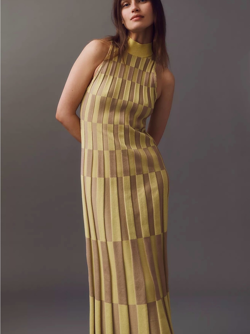 Anthropologie Mock Neck Sleeveless Column Neon Yellow Tan Knit Ribbed Midi Dress